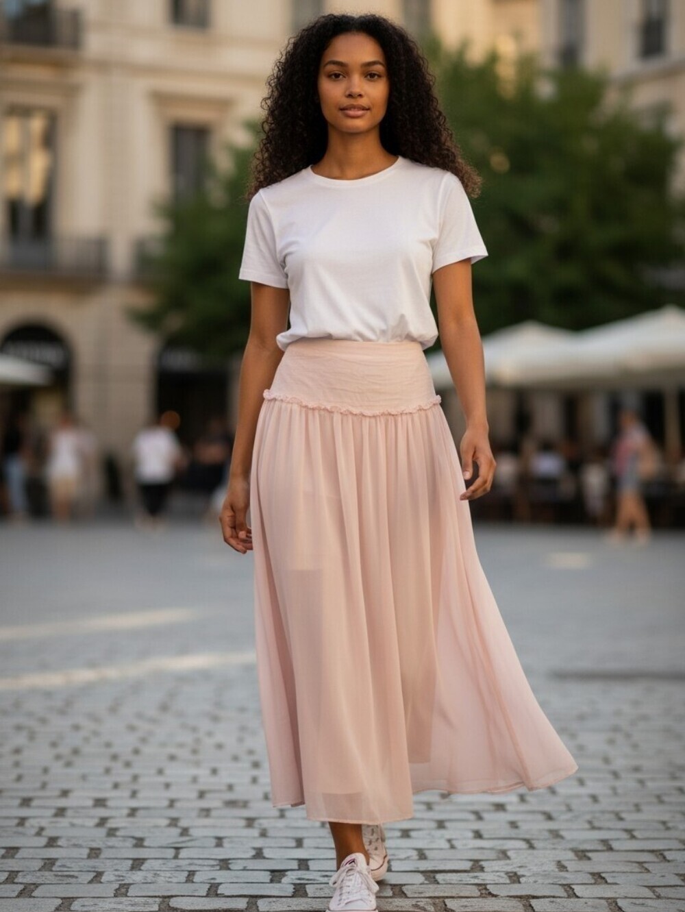 Flowing Blush Maxi Skirt with Smocked Waist